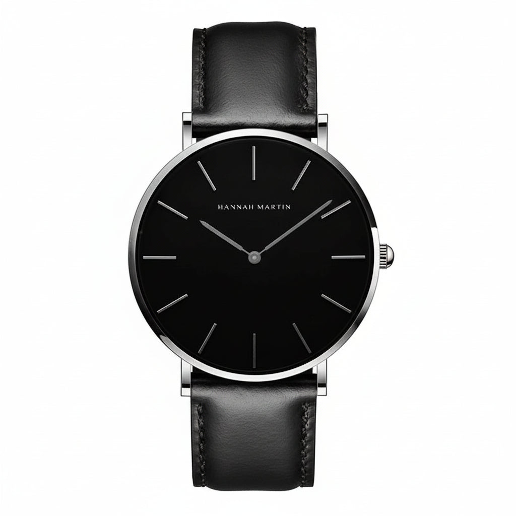 Montre Homme Hannah Martin – Quartz Japonais – Bracelet Cuir Marron – Étanche – Argent