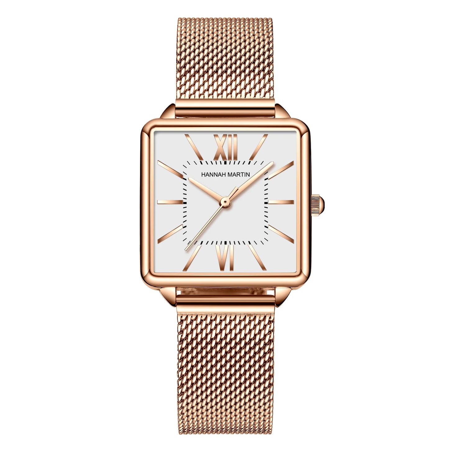 Montre Femme Classique Hannah Martin – Carré à la Mode – Bracelet Maille en Acier Inoxydable – Mouvement Quartz Japonais – Montre Cadeau pour Femme