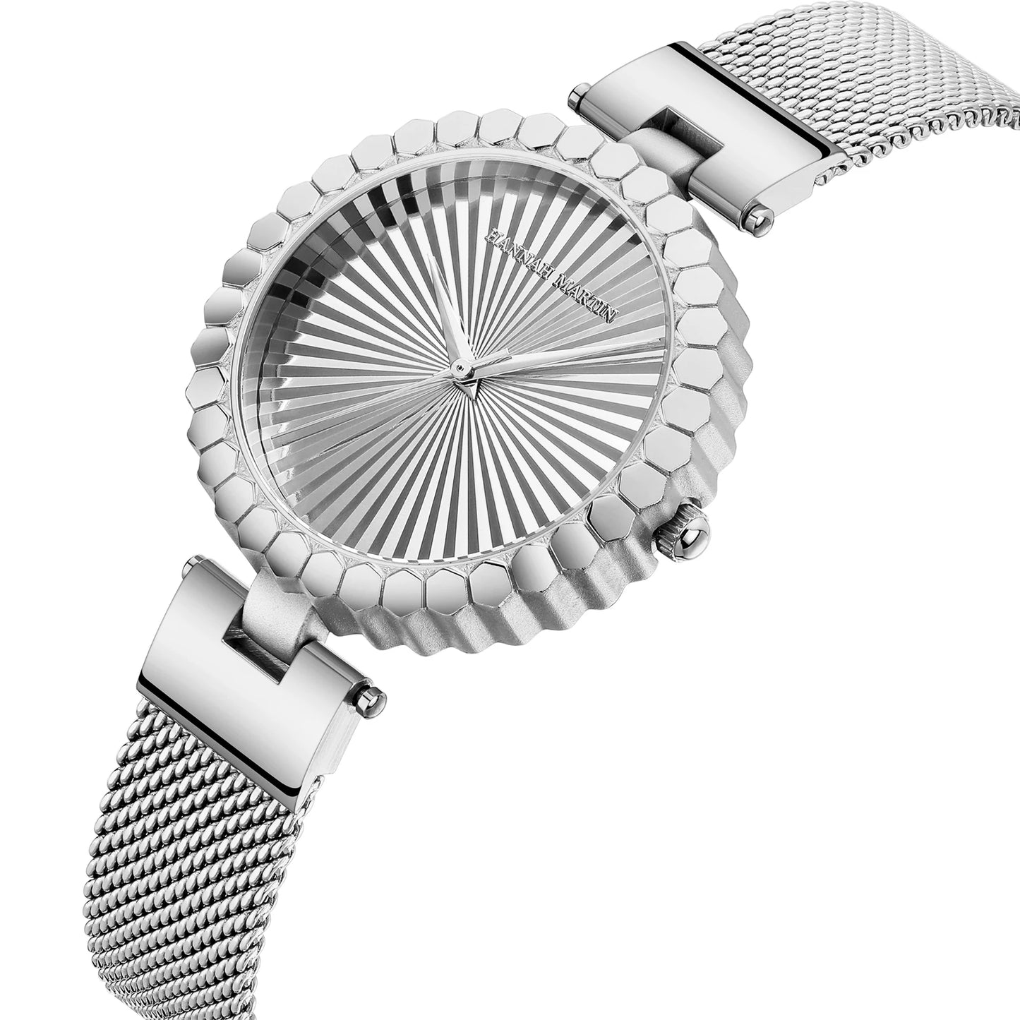Montre Femme Hannah Martin Originale – Cadran Géométrique 35mm – Bracelet Maille Acier Inoxydable – Mouvement Quartz