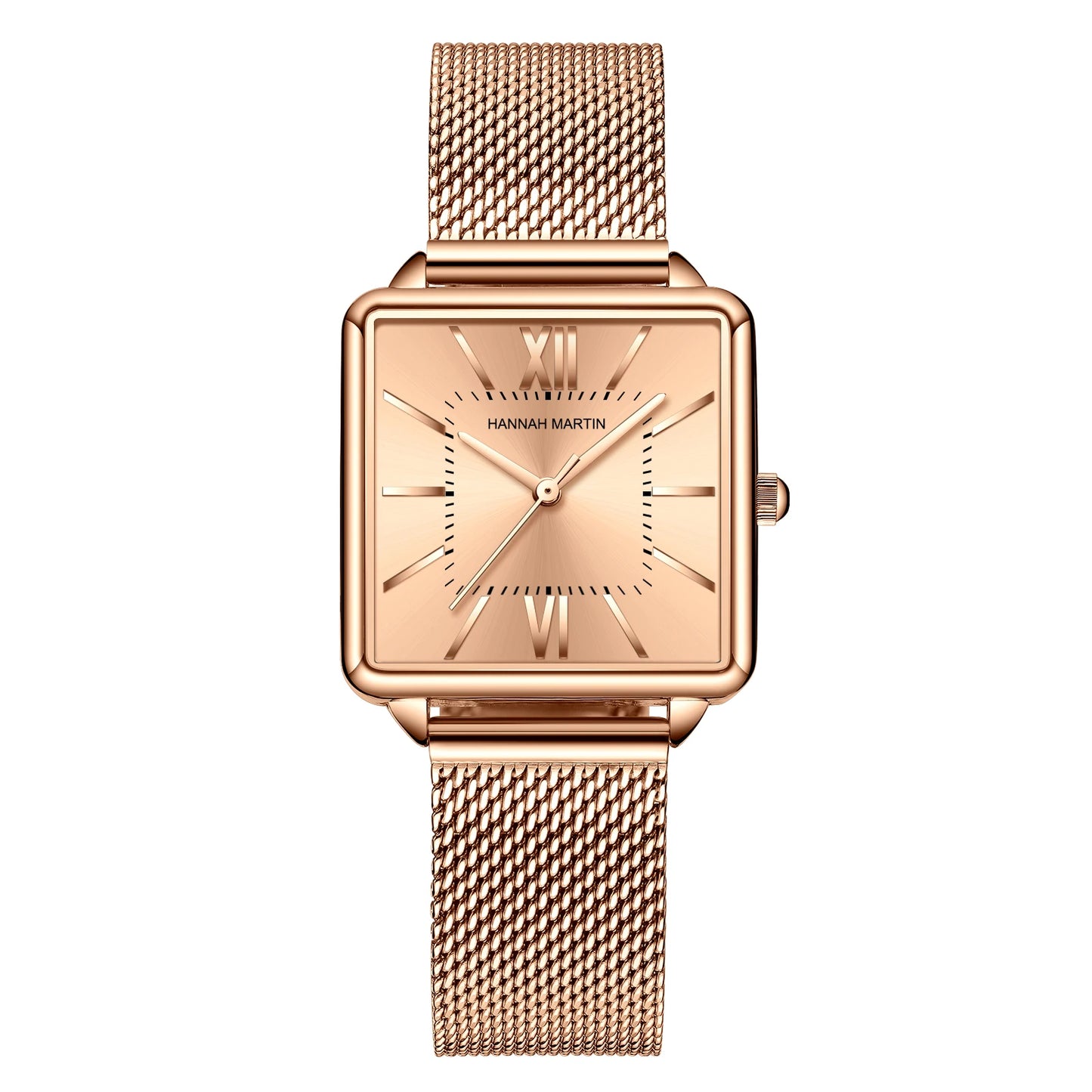 Montre Femme Classique Hannah Martin – Carré à la Mode – Bracelet Maille en Acier Inoxydable – Mouvement Quartz Japonais – Montre Cadeau pour Femme