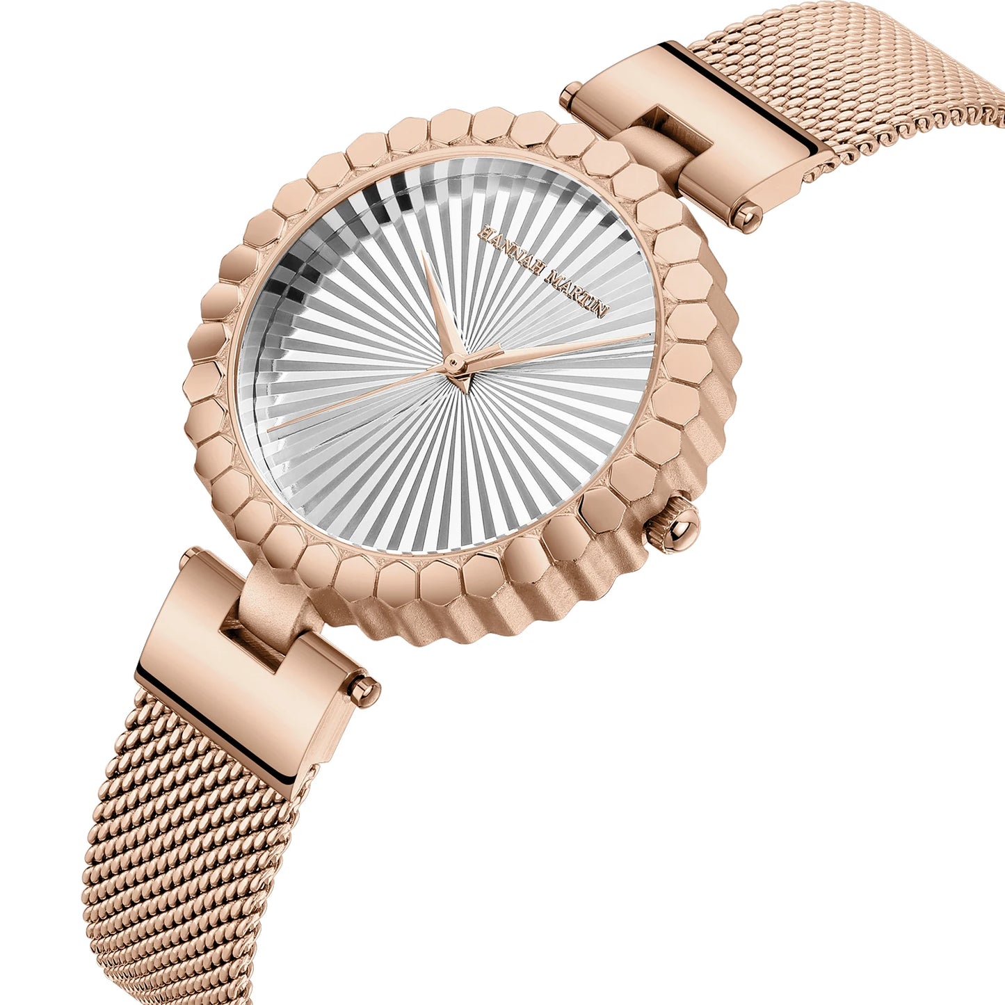 Montre Femme Hannah Martin Originale – Cadran Géométrique 35mm – Bracelet Maille Acier Inoxydable – Mouvement Quartz