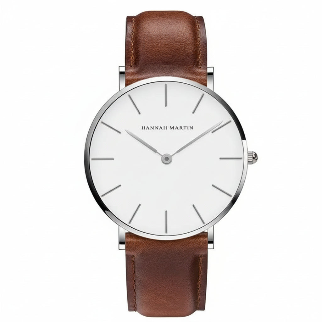 Montre Homme Hannah Martin – Quartz Japonais – Bracelet Cuir Marron – Étanche – Argent