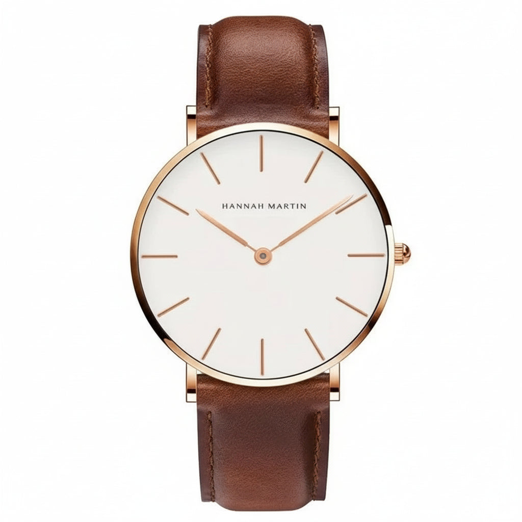 Montre Homme Hannah Martin – Quartz Japonais – Bracelet Cuir Marron – Étanche – Argent