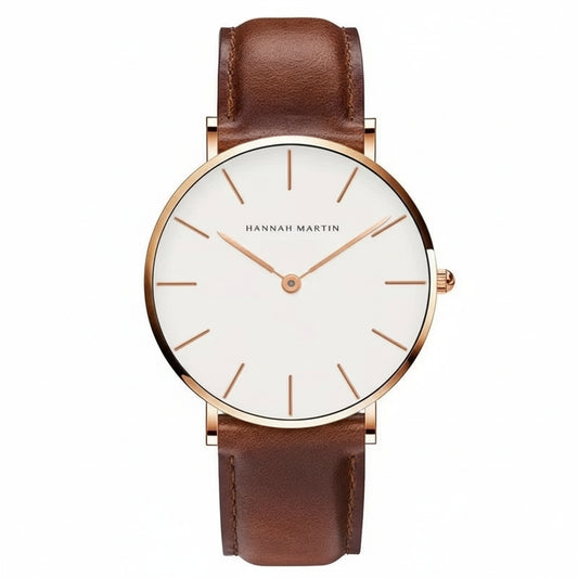 Montre Homme Hannah Martin – Quartz Japonais – Bracelet Cuir Marron – Étanche – Argent