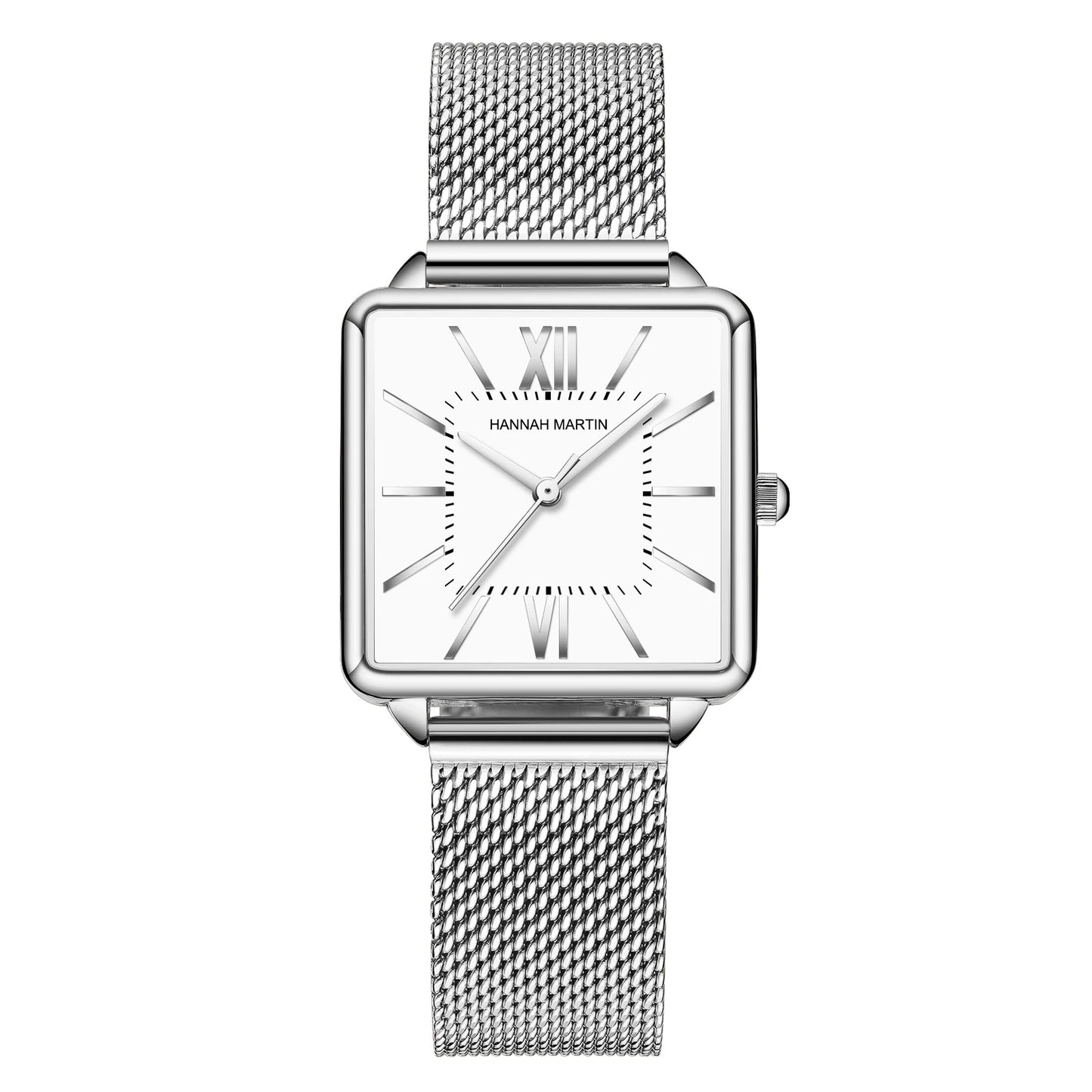 Montre Femme Classique Hannah Martin – Carré à la Mode – Bracelet Maille en Acier Inoxydable – Mouvement Quartz Japonais – Montre Cadeau pour Femme