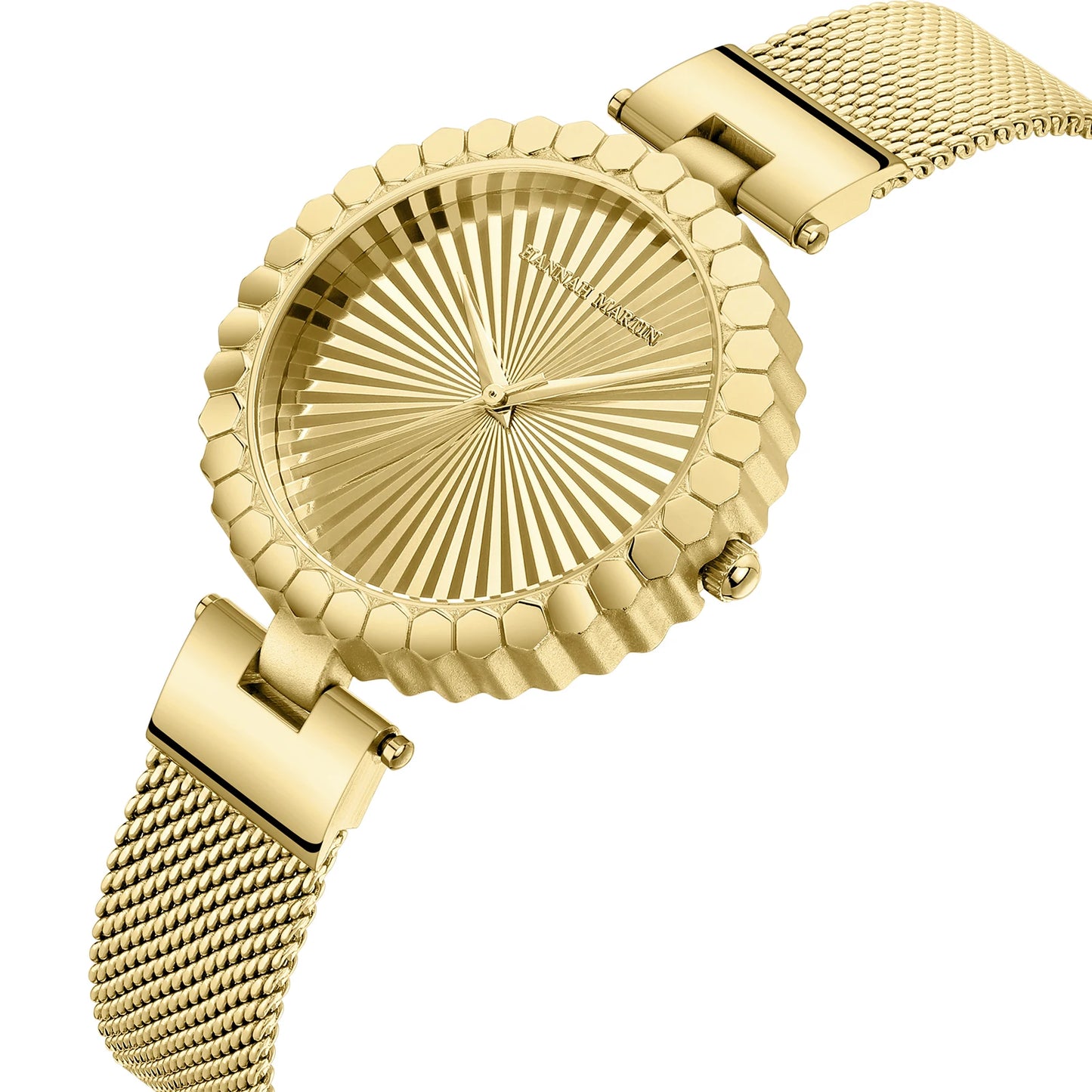Montre Femme Hannah Martin Originale – Cadran Géométrique 35mm – Bracelet Maille Acier Inoxydable – Mouvement Quartz