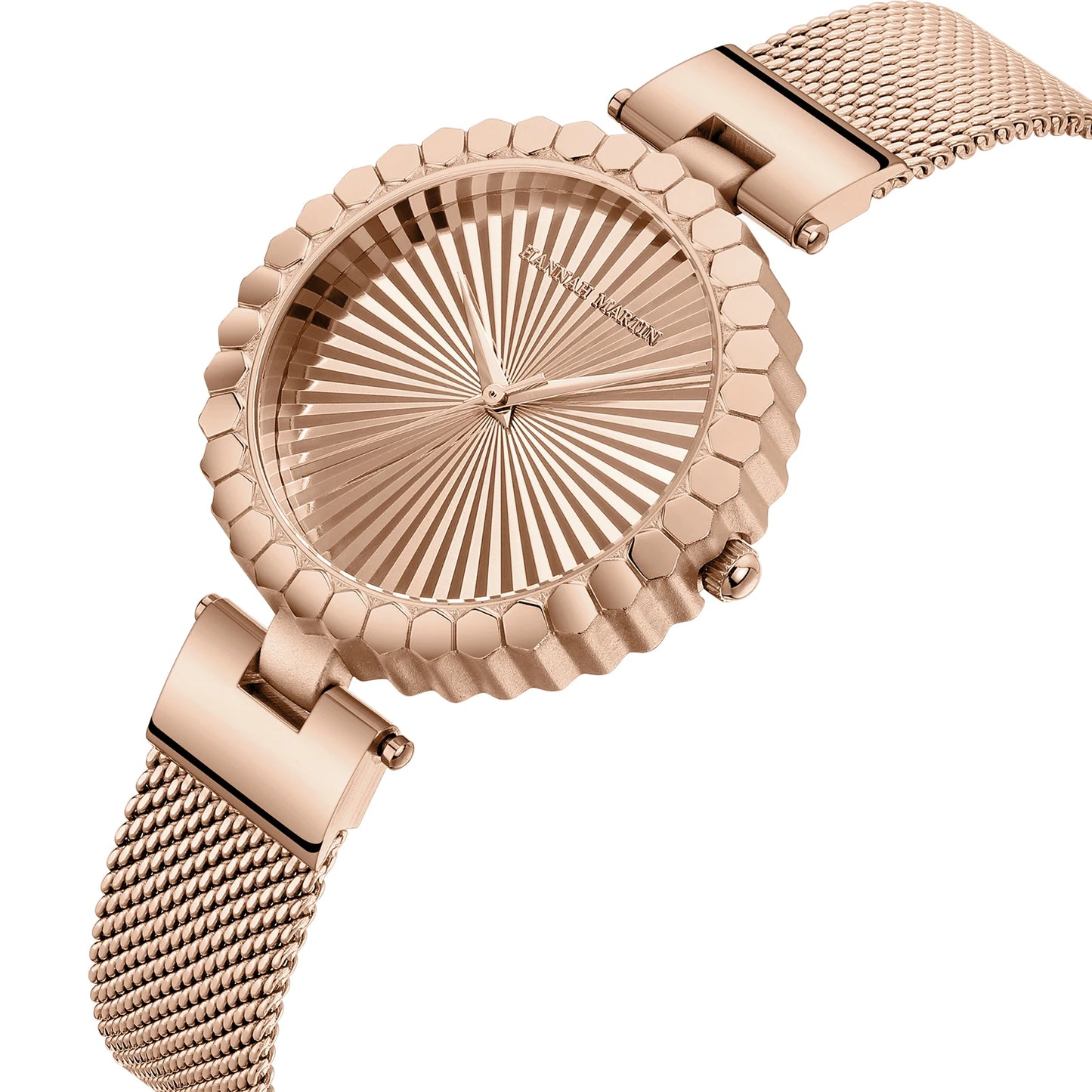 Montre Femme Hannah Martin Originale – Cadran Géométrique 35mm – Bracelet Maille Acier Inoxydable – Mouvement Quartz